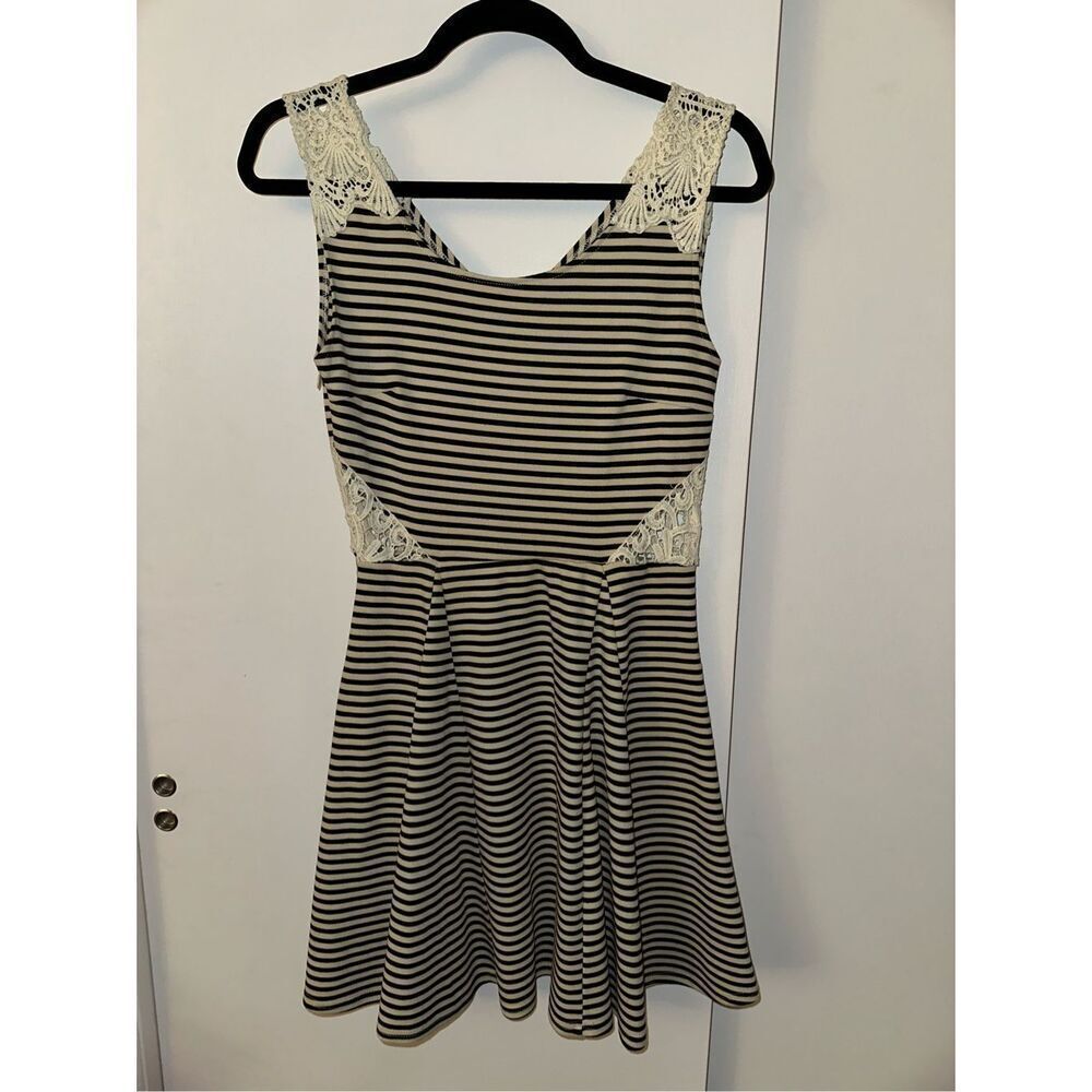 Poof Couture Women’s Striped Cutout Dress Black Beige Medium NWT